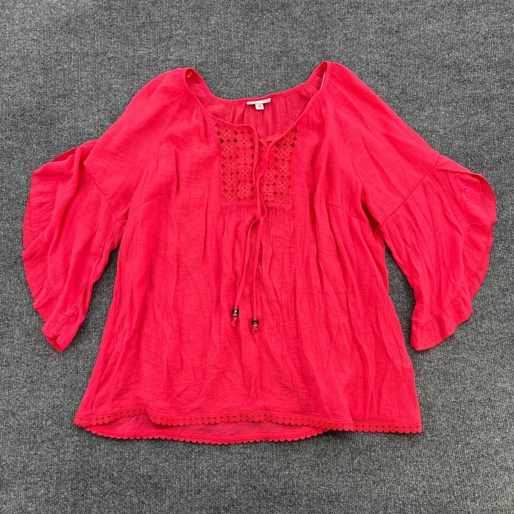 Westport Peasant Blouse Womens 3X Pink Lace Trim Bell Sleeve Boho Fairy Romantic